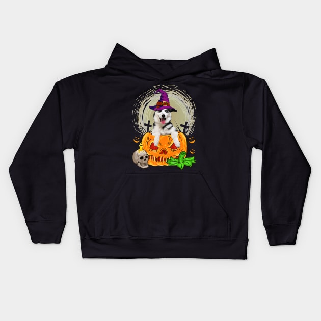 Cute Siberian Husky Witch Pumpkin Halloween Dog Lover Kids Hoodie by JaydeMargulies